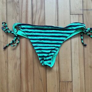 Oakley Womens Neon Green and Grey Striped Side Tie Bikini Bottoms Sport Low Rise